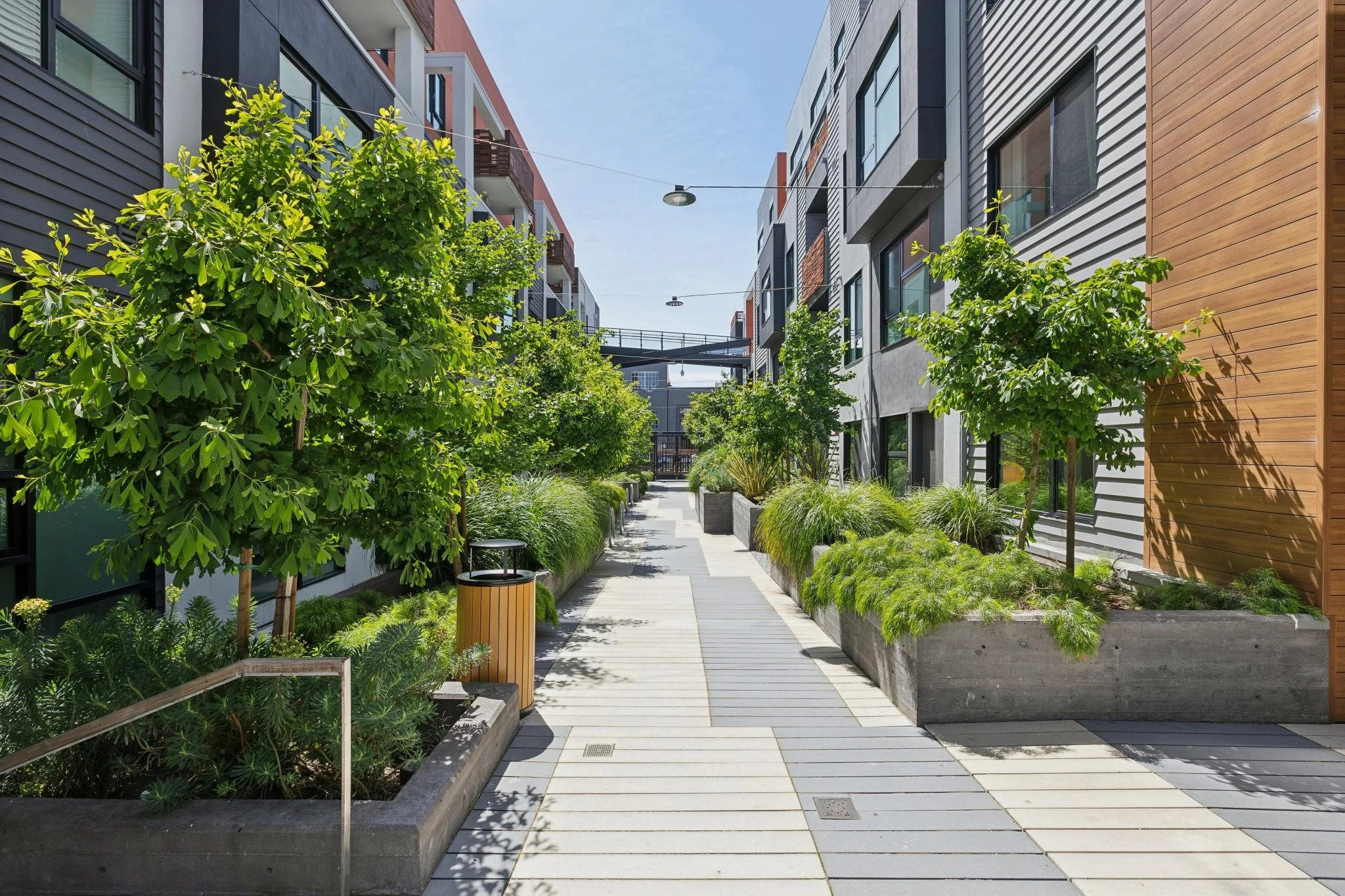 Modern apartment complex courtyard with trees, plants, benches, and a pedestrian walkway under a clear blue sky.
