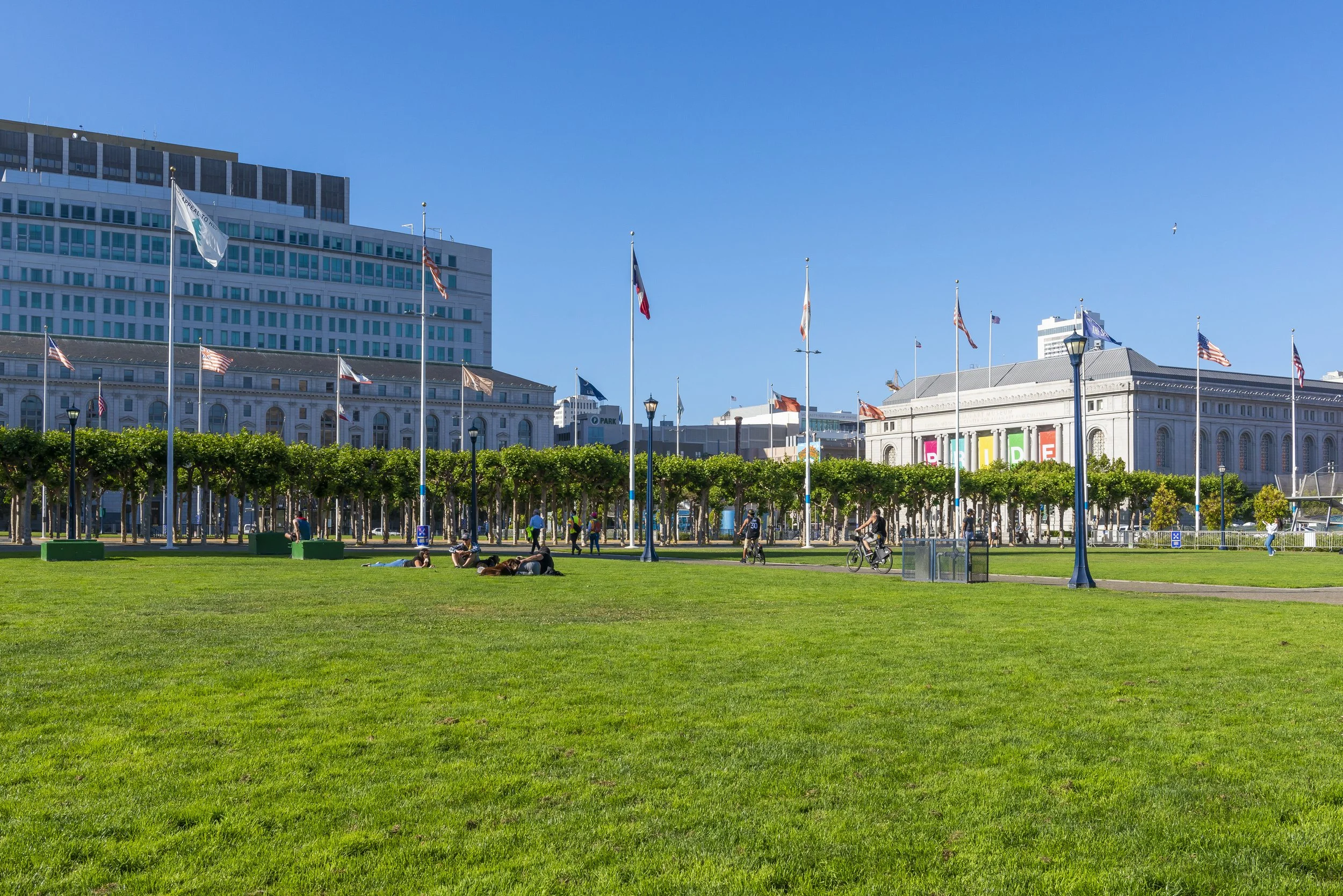 A park with people sitting and biking on the grass, surrounded by trees and American flags, with tall buildings in the background on a clear blue day.