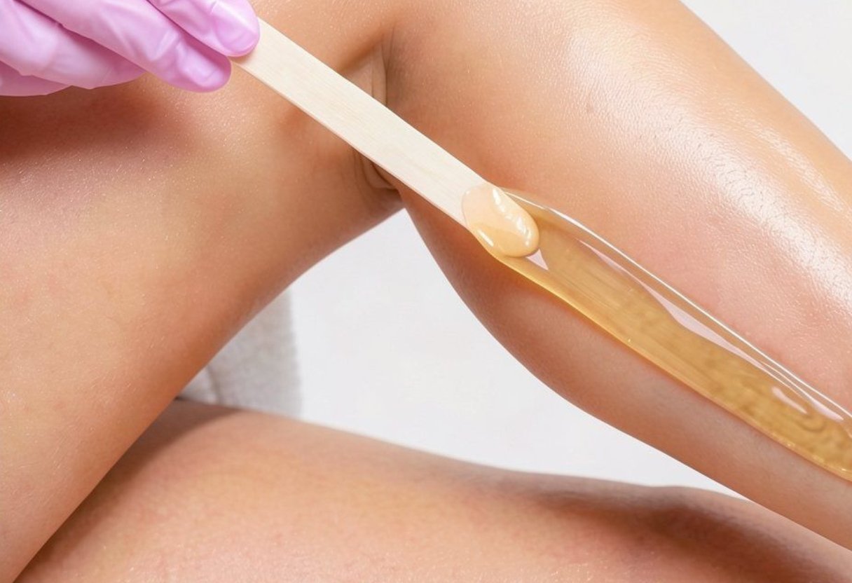 Close-up of a person's smooth, tanned skin with a glue stick applying glue to the skin.