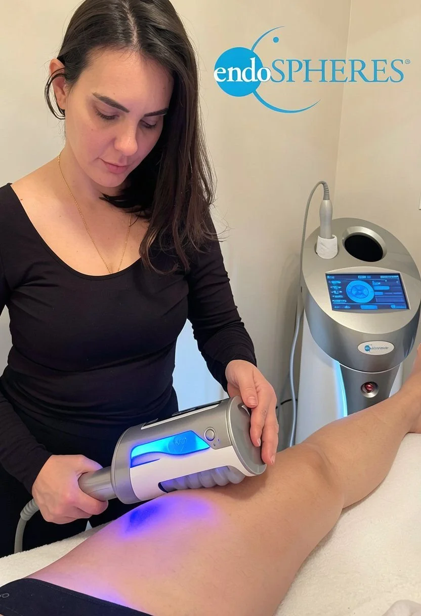 A woman performs a skincare or cosmetic procedure using a handheld device emitting blue light, on a person's thigh in a clinic or spa with a machine displaying a touchscreen interface. The logo 'endoSPHERES' is visible in the background.
