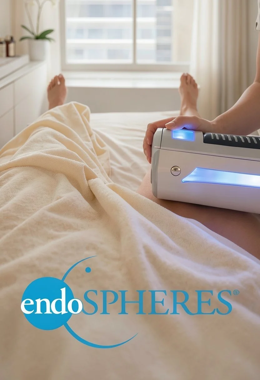 Person receiving endospheres therapy on thigh in a bright room with window view.