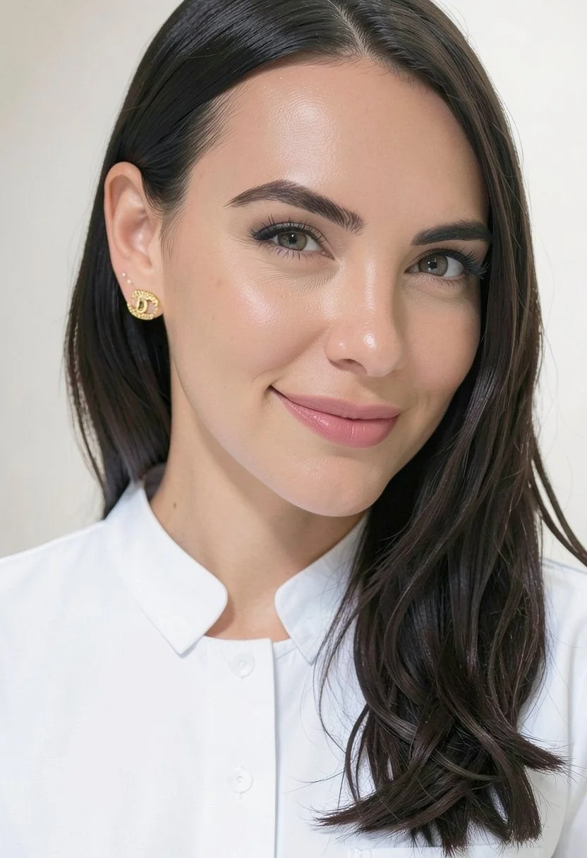 Close-up of a smiling woman with long dark hair, wearing a white button-up shirt and gold jewelry, against a neutral background.