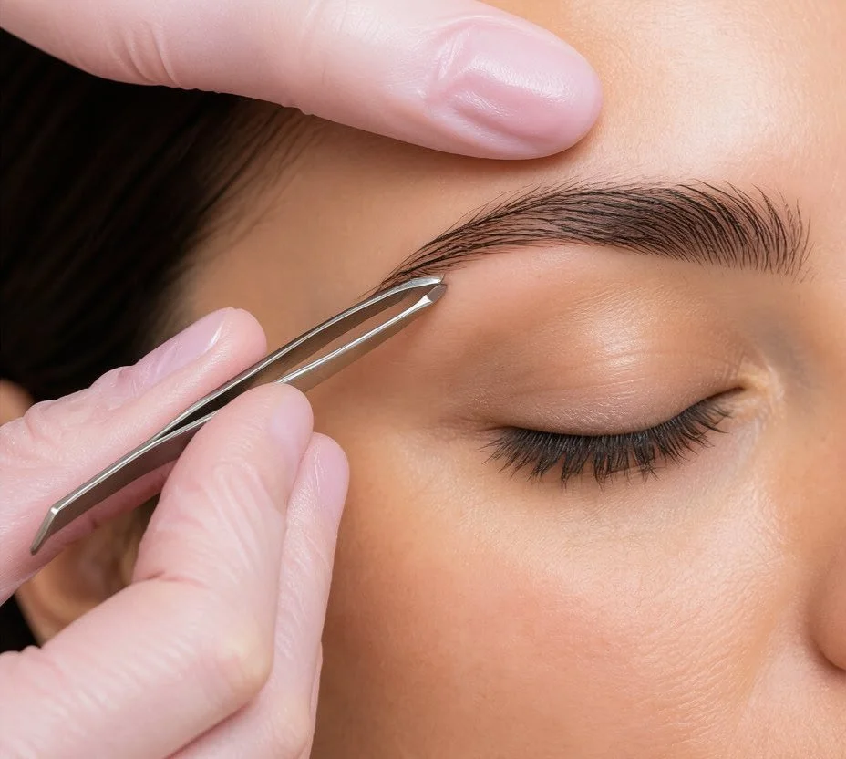 A person using tweezers to shape or pluck an eyebrow of a woman with closed eyes.