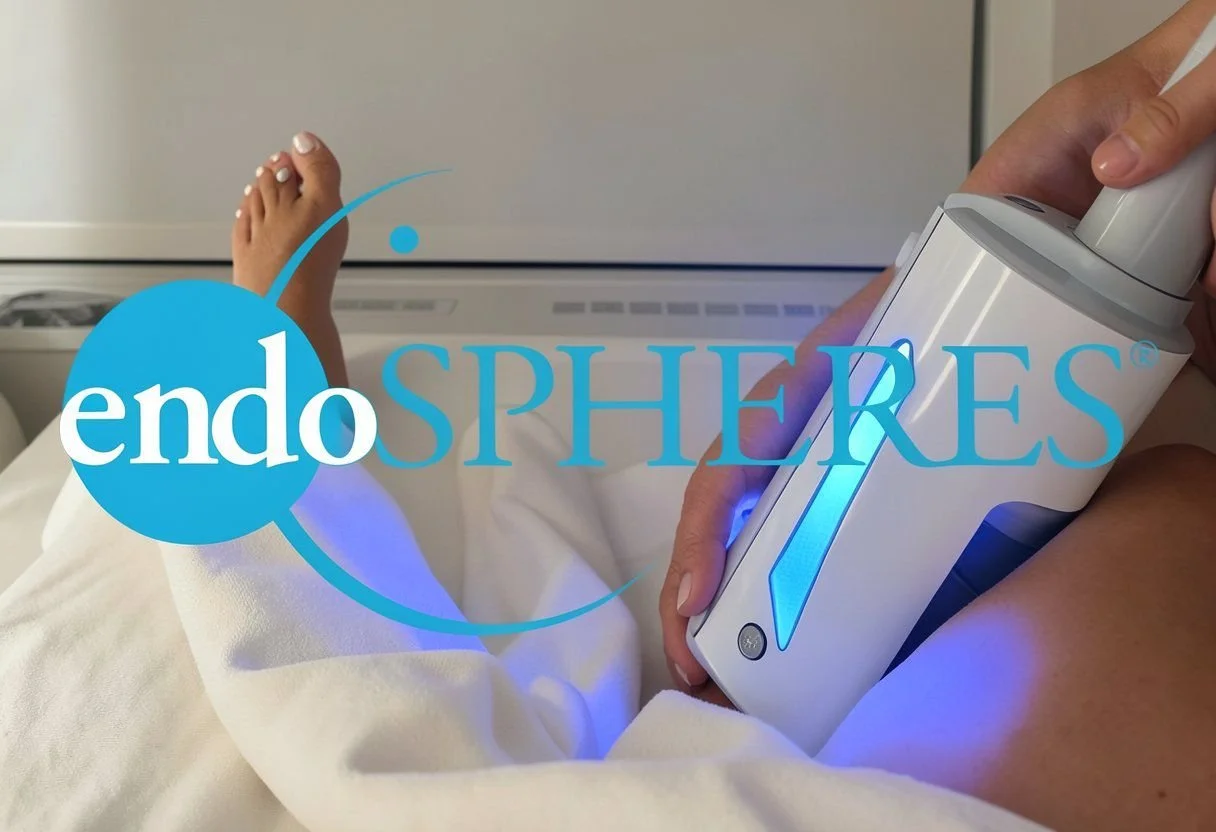 Medical professional performing EndoSpheres ultrasound procedure on a patient's leg while lying in a medical bed.