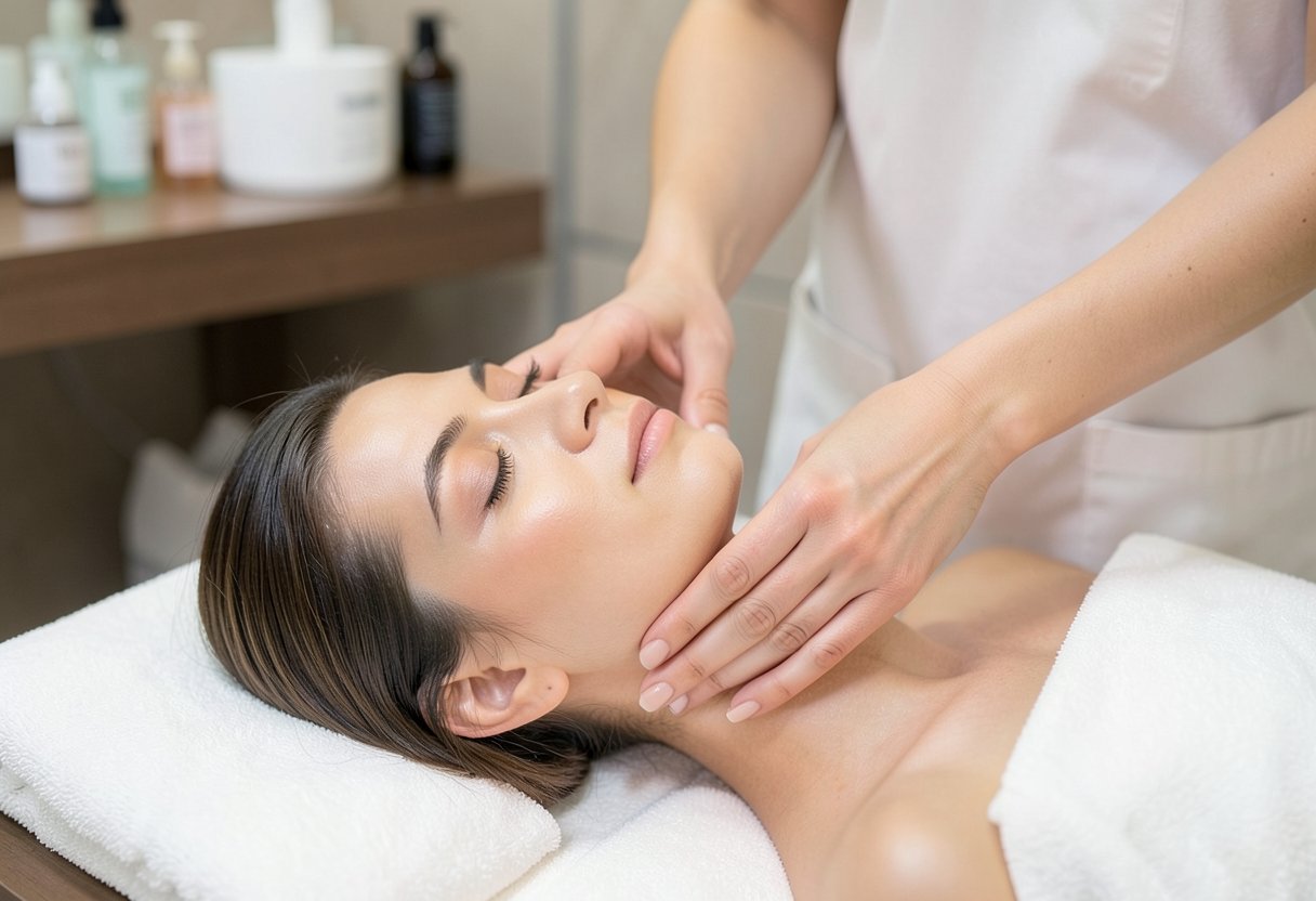A woman lying on a massage table receiving a facial massage from a skincare professional in a spa or clinic setting.