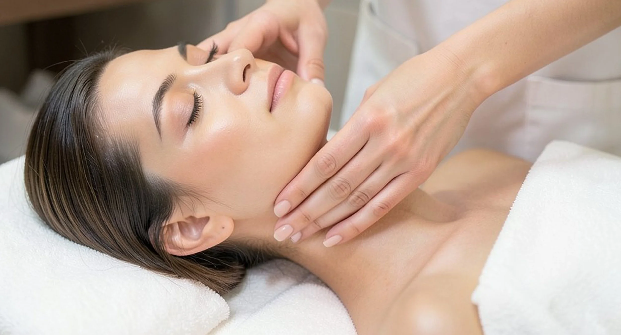 A woman receiving a facial massage or skincare treatment at a spa or clinic, lying on a treatment bed with her eyes closed.