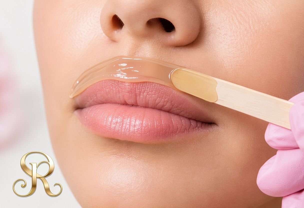 Close-up of a woman applying lip gloss with a spatula, showing her lips and nose.