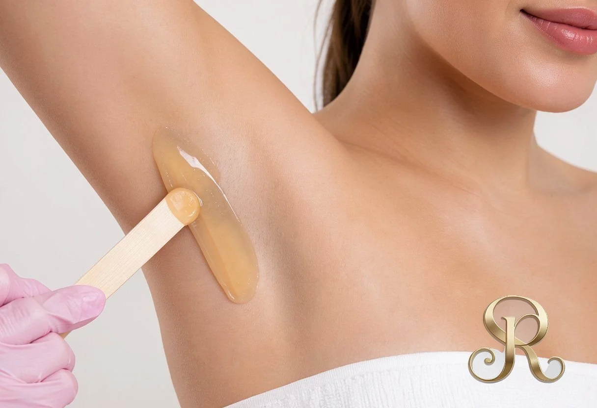 A woman applying wax to her armpit for hair removal with a wooden spatula, wearing pink gloves.