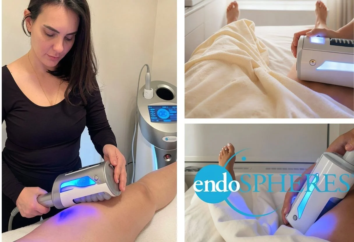 A woman is performing a medical or aesthetic treatment on a person's leg using a handheld device emitting blue light. The person receiving the treatment is lying on a bed covered with a blanket, with their legs raised and feet visible. The scene appears to be in a clinical or spa setting with medical equipment visible.