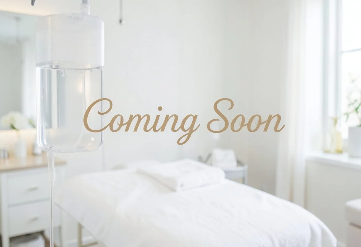 A hospital room with an IV drip in the foreground and a bed with white linens, a pillow, and a bedside table in the background. The text 'Coming Soon' is overlaid on the image.