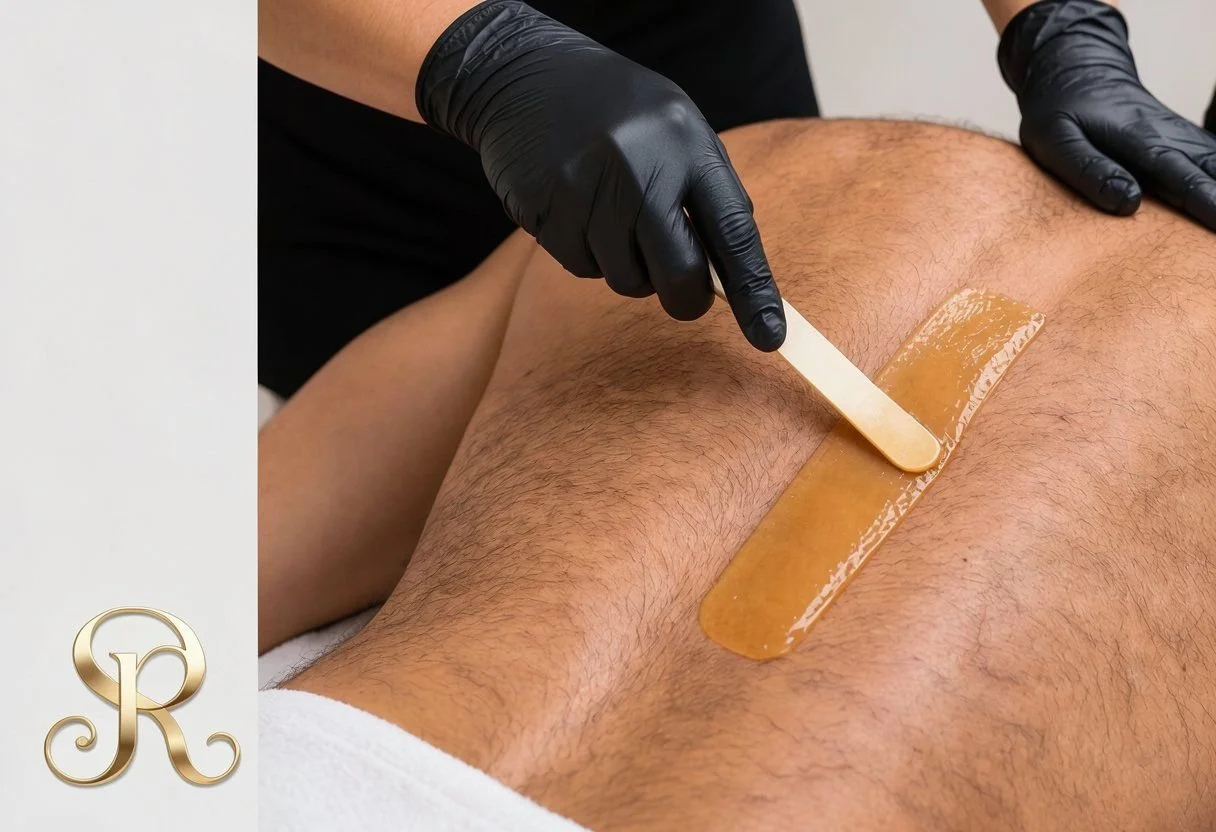A person receiving a waxing treatment on their leg, with a waxing strip being applied by a technician wearing black gloves.