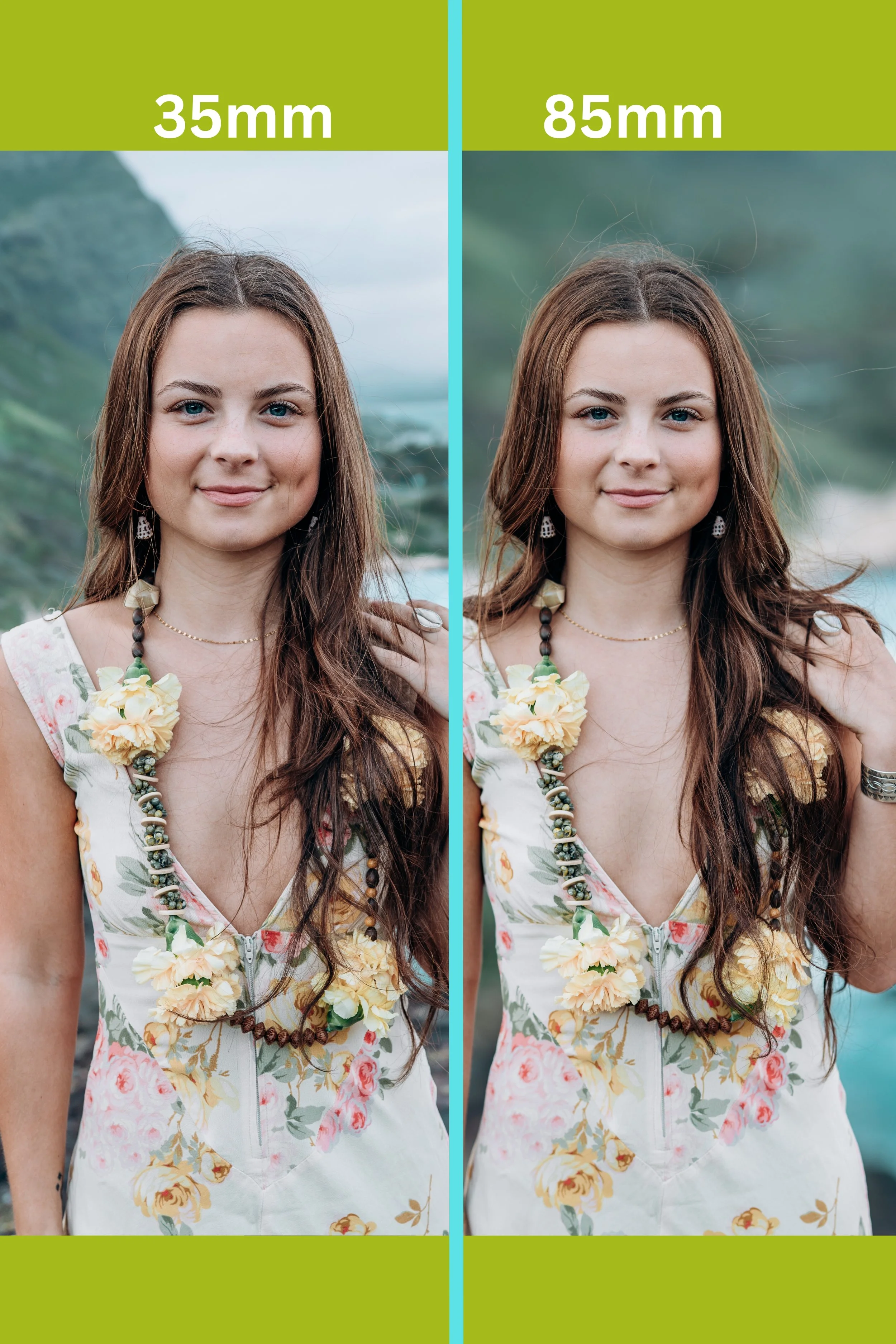 35mm vs 85mm portrait comparison in Oahu Hawaii showing how lens choice affects facial features, compression, and flattering results