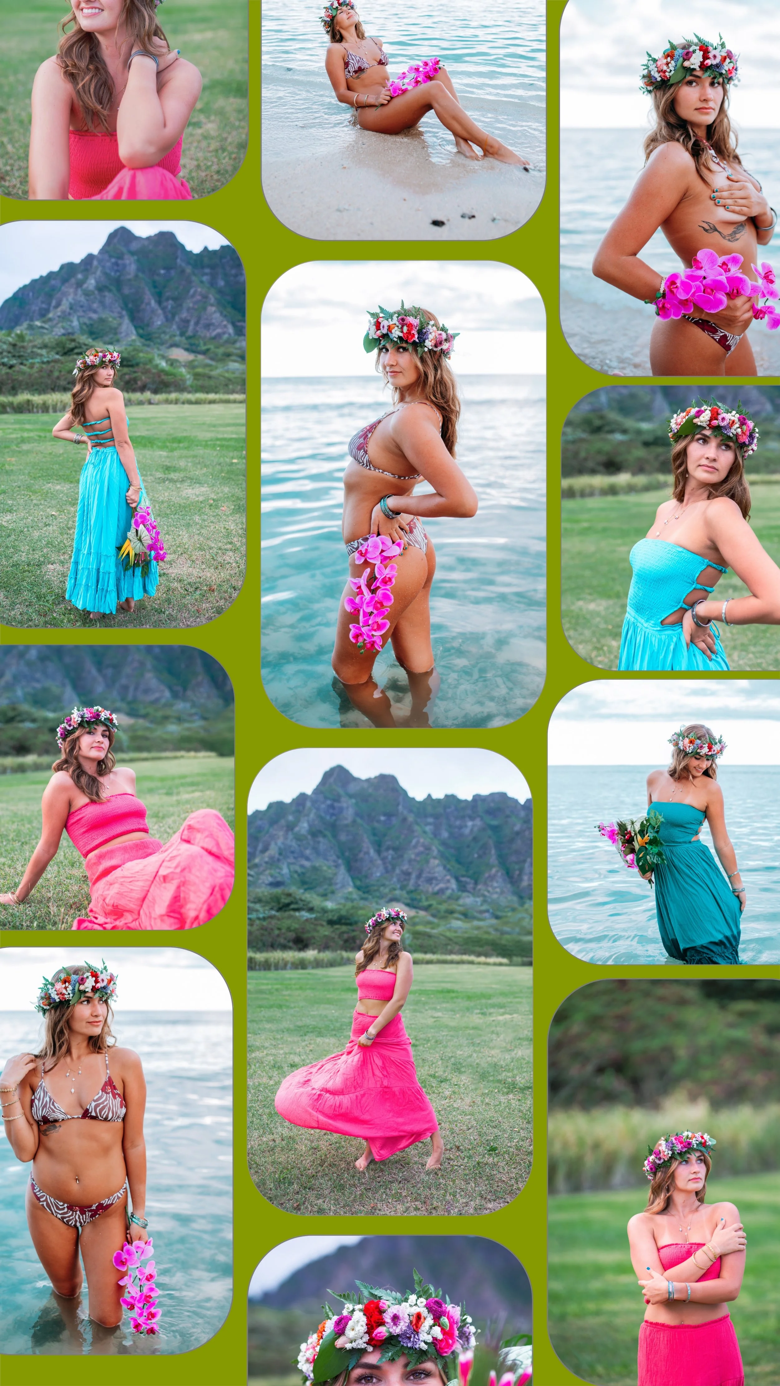 Collage of outdoor women’s portraits by Flora & Femina featuring Hawaiian flower crowns, beach settings, greenery, and natural Oʻahu backdrops.