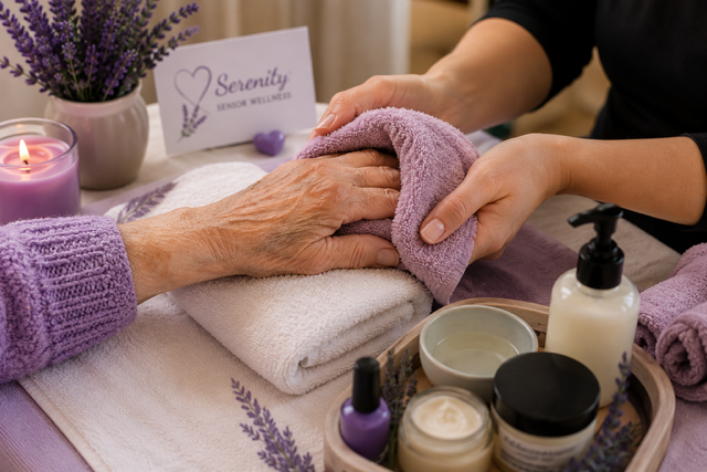 A person receives a hand massage at a spa station with lavender decor and products, including lotion, nail polish, and a candle.