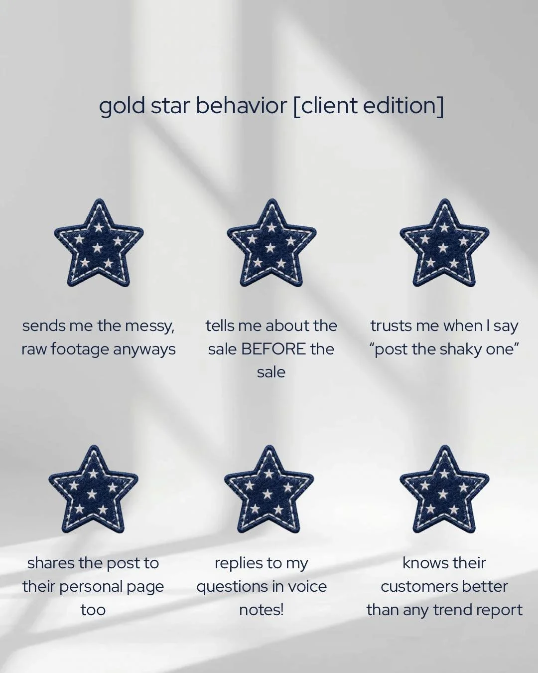 Gold stars all around! These are the clients who make the magic easy, because great content is a team sport. Business owners: Which one are you?
&bull;
&bull;
&bull;
&bull;
&bull;
#smallbusinessowner #socialmediamanager #clientlove