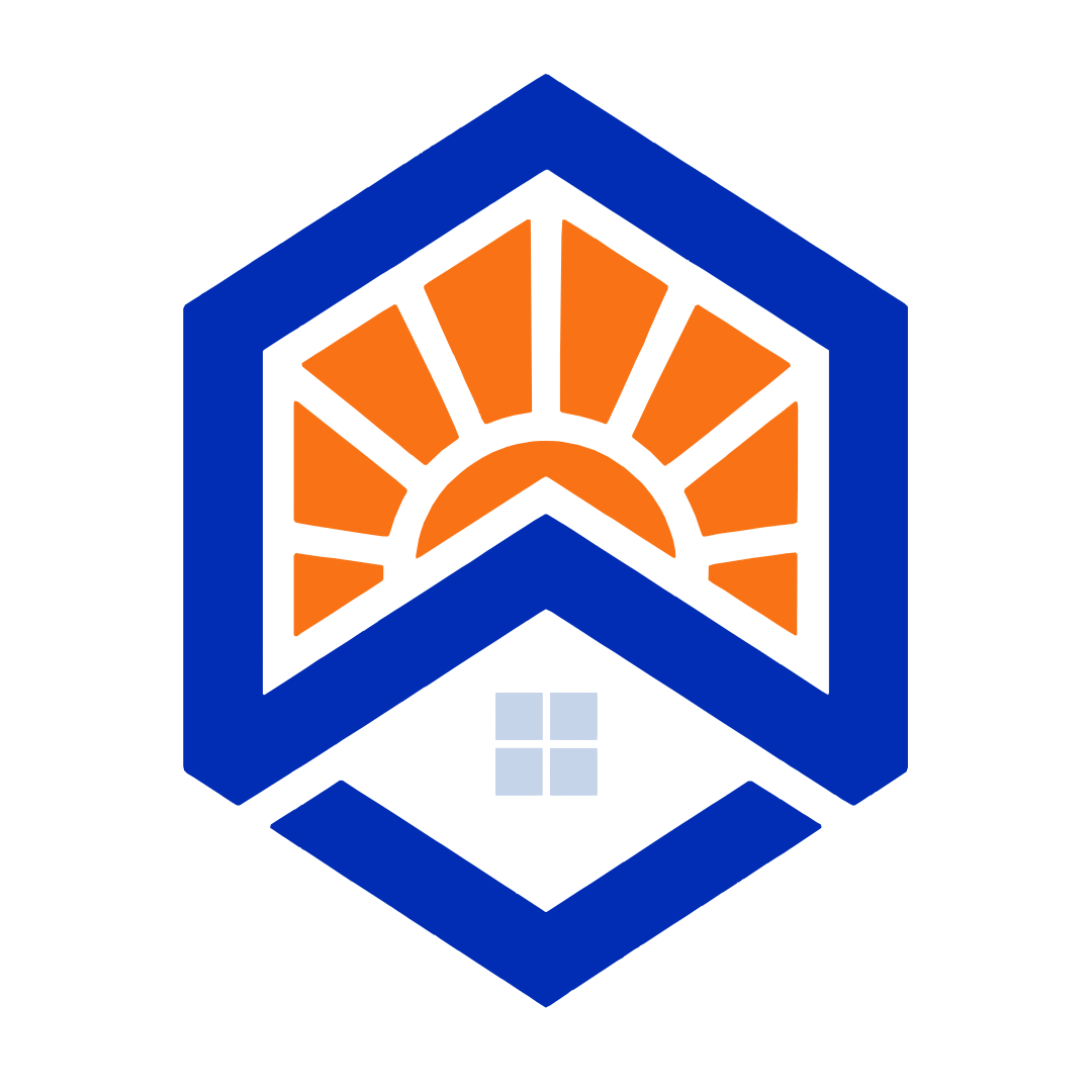 A logo with a blue outline of a house shape containing a sunset with orange and black rays and a small window below.