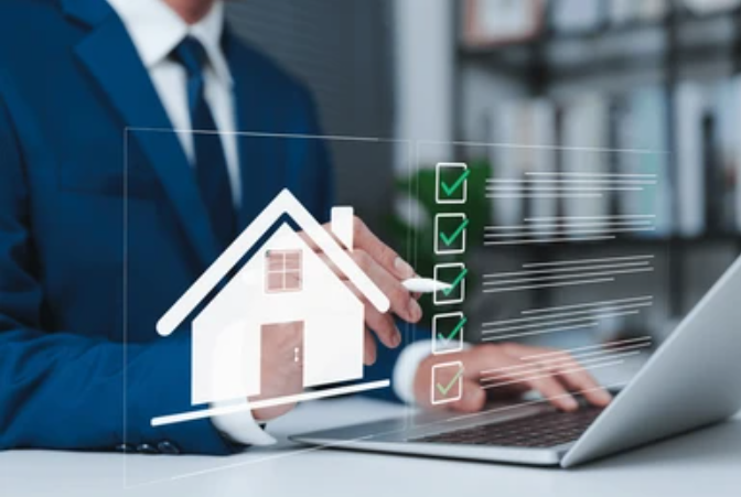 A person in a blue suit using a laptop with a holographic overlay of a house and checkmarks, indicating home inspection or real estate process.