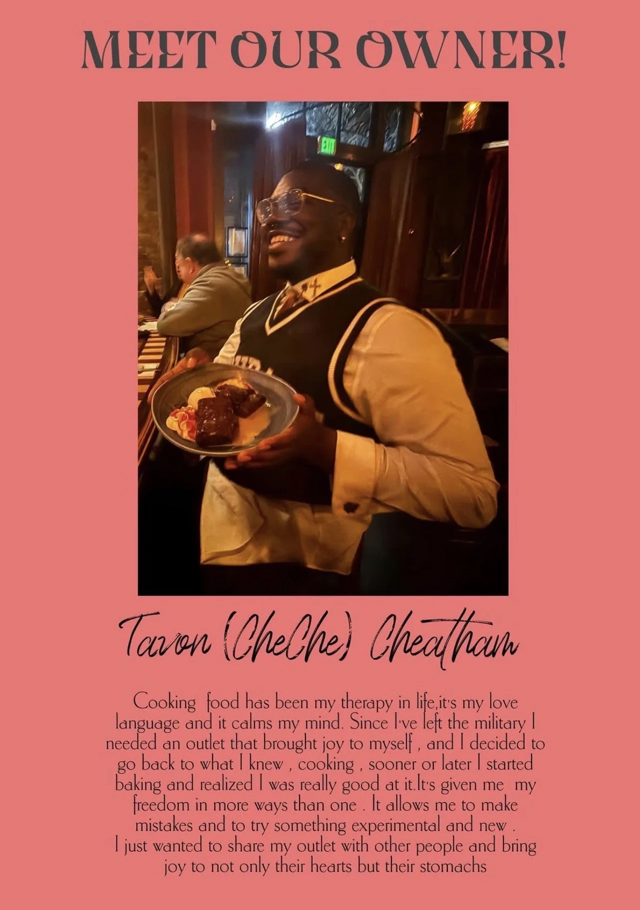 A person smiling and holding a plate of food in a restaurant setting. The image is part of an introduction to Tavon Cheche Cheatham, with text describing their love for cooking and how it has been therapeutic for them.