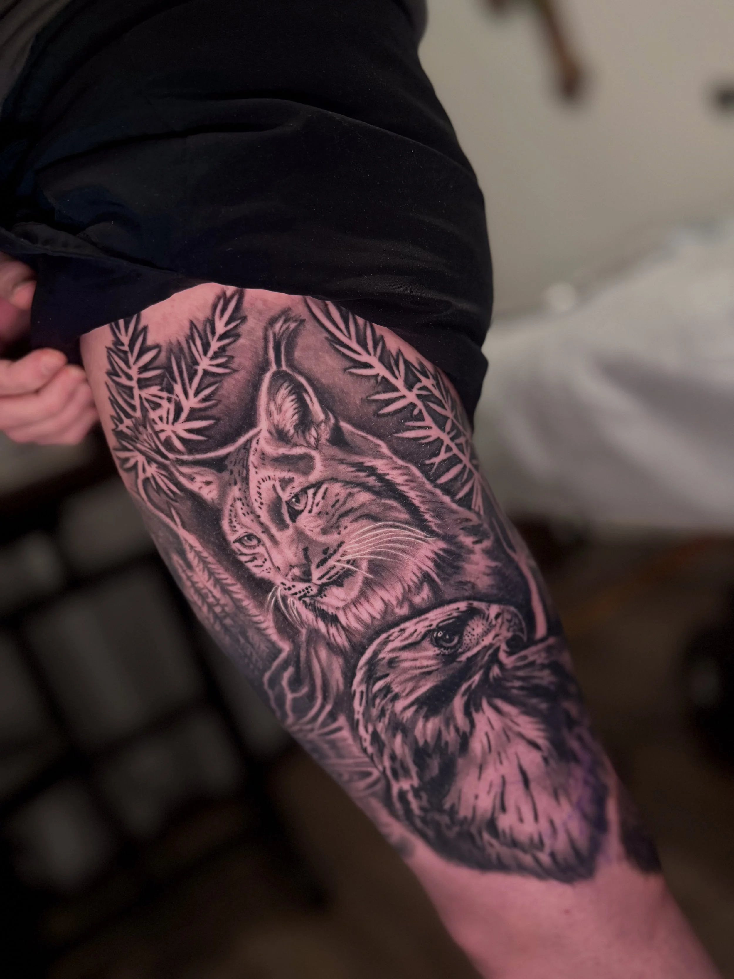 Close-up of a tattoo of a lion's face on a person's arm, surrounded by a design of leaves or branches.