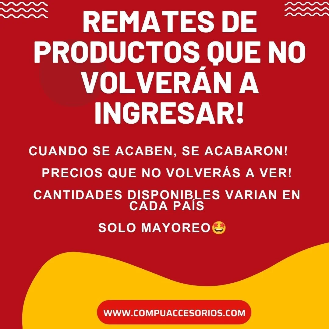 Red background with yellow wave at bottom and white text advertising a clearance sale for products that will not be restocked, mentioning limited quantities, varying availability by country, and a website www.compauaccessorios.com.