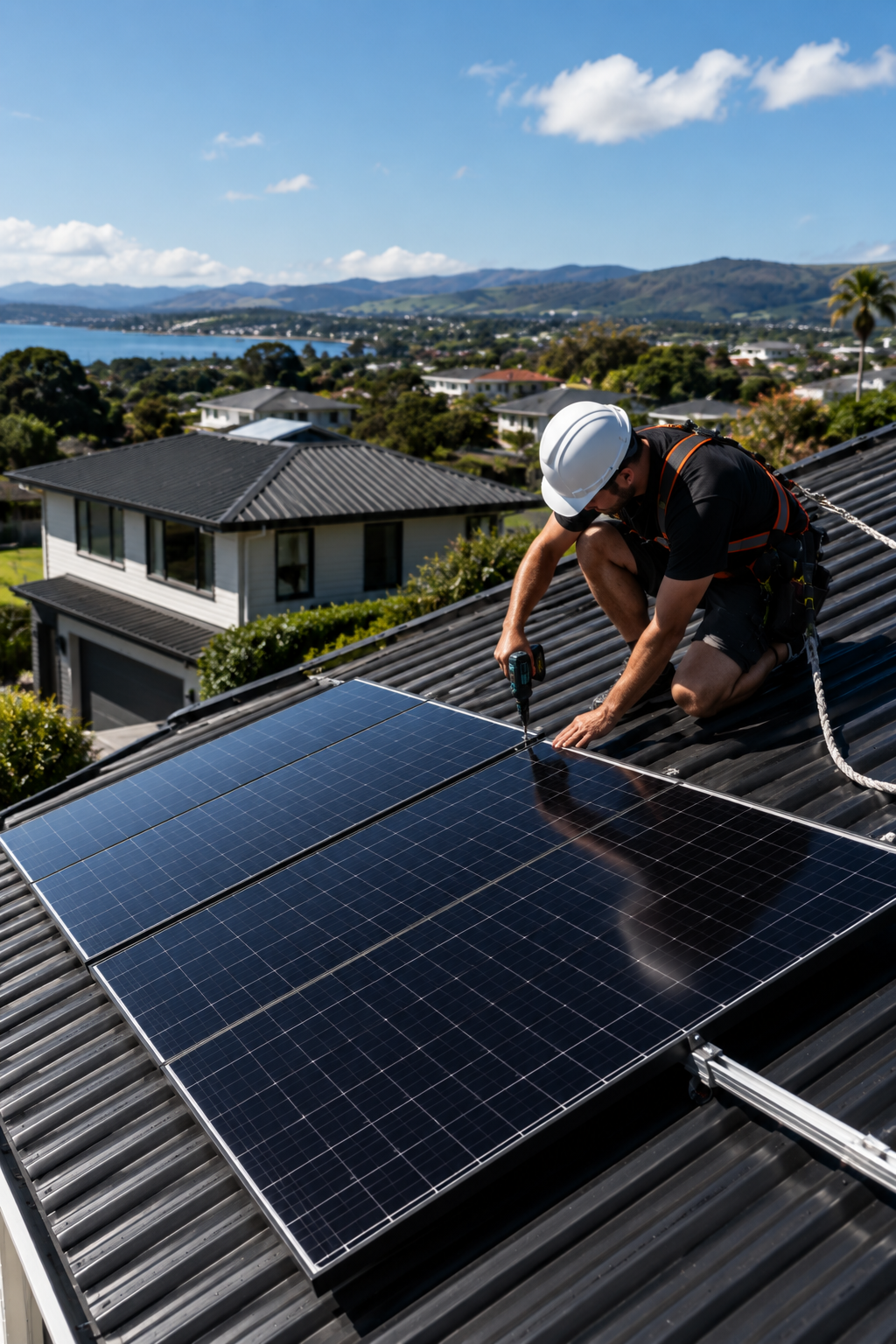 Solar installer fitting residential solar panels on a metal roof in the Bay, New Zealand.