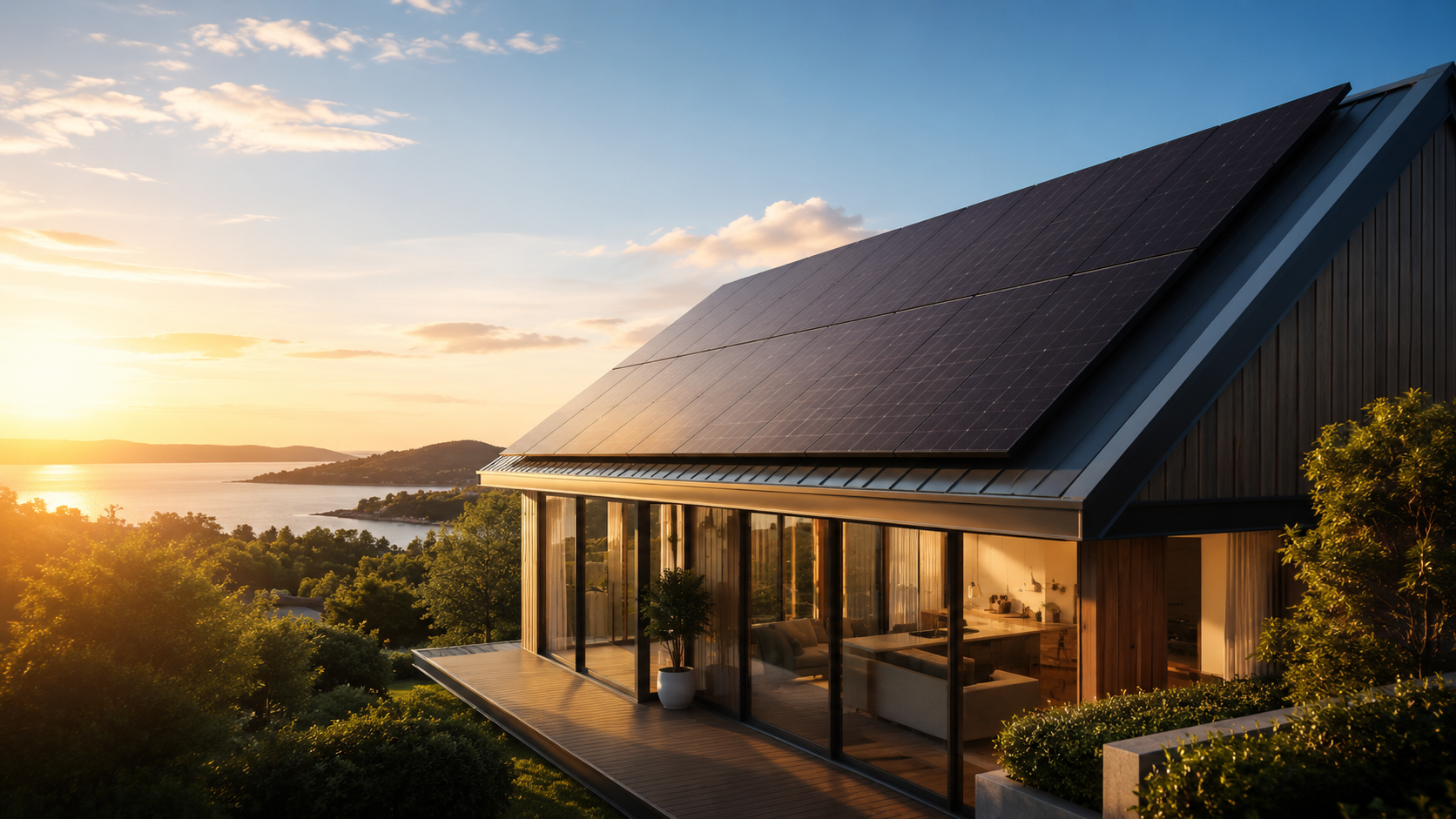 Residential solar panel installation on a modern Bay of Plenty home at sunset.