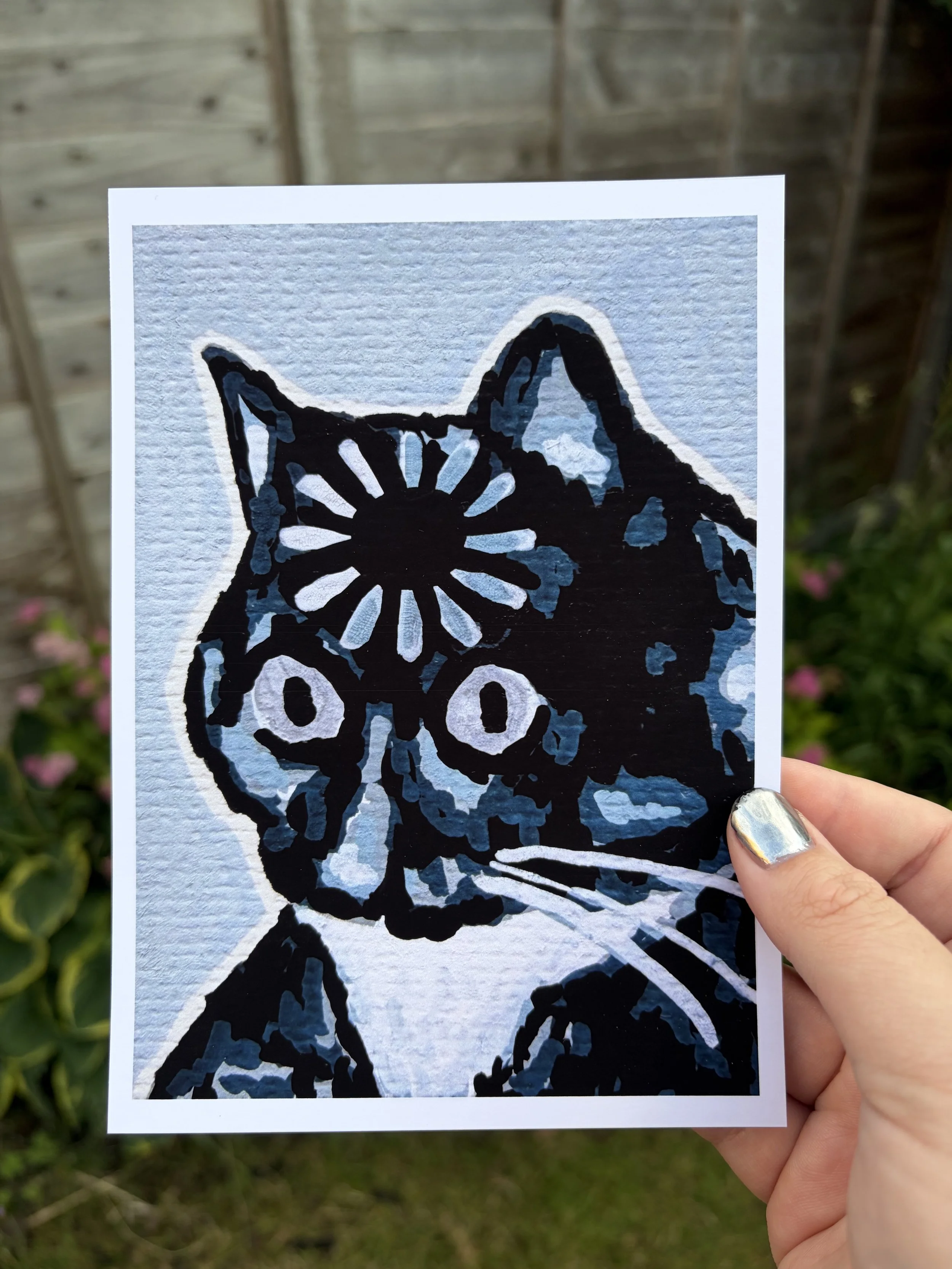 Loading... — black, grey, and blue cat art print