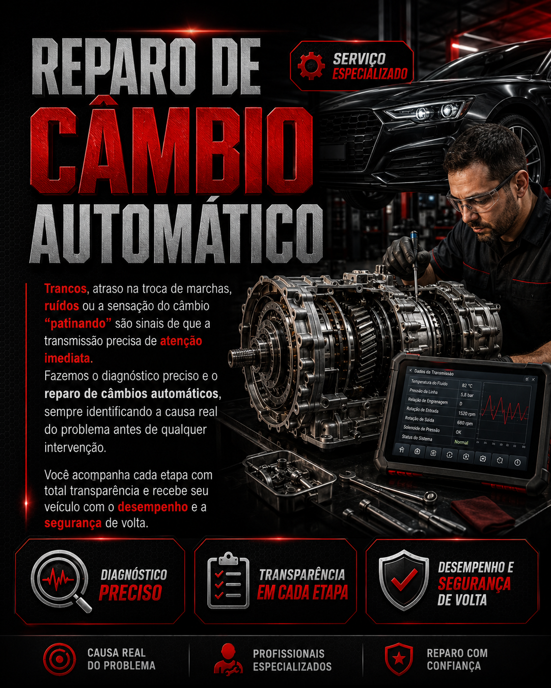 An advertisement for automatic transmission repair offers specialized service with precise diagnostics, transparent process, and safety. Features include diagnosing issues like slipping, noise, or shuddering, with real cause identification, ensuring performance and security in every stage.