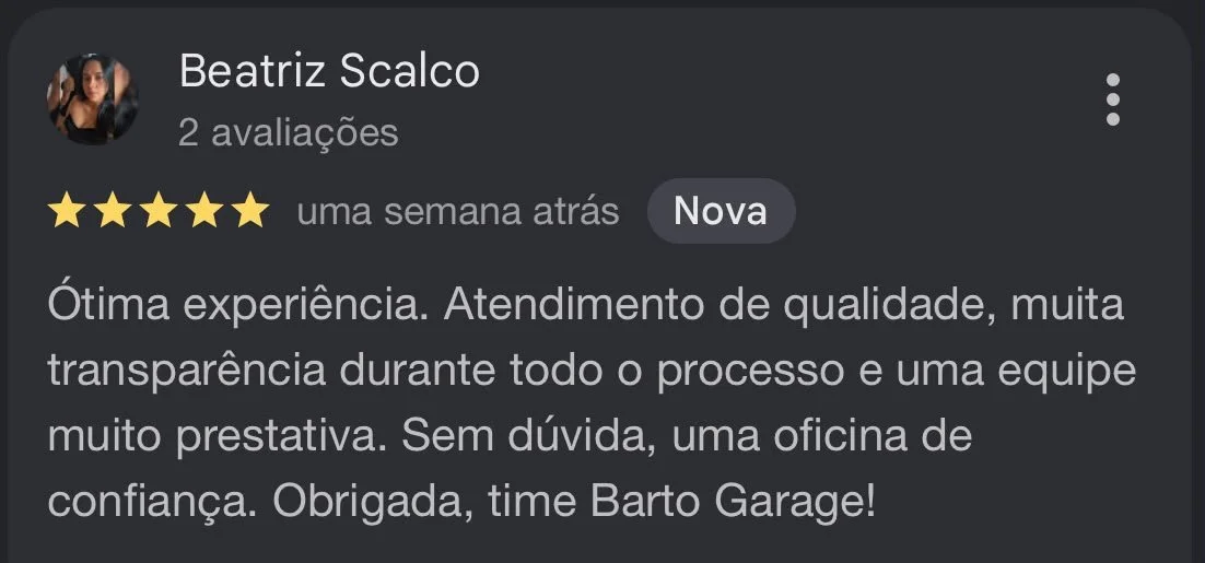 Customer review for Barto Garage, five-star rating, praise for quality service, transparency, and friendly team.