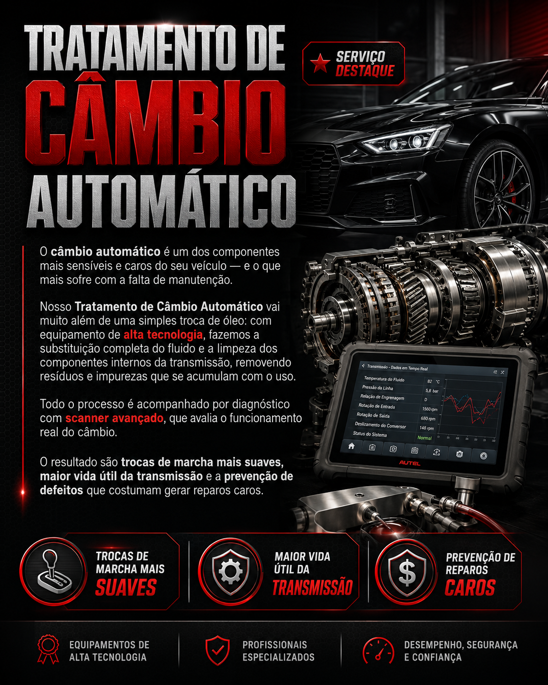 An advertisement for automatic transmission treatment featuring a black sports car, a complex transmission gearbox, and a diagnostic scanner. The poster highlights benefits like smoother shifts, increased transmission lifespan, and cost savings, emphasizing high technology and professional service.