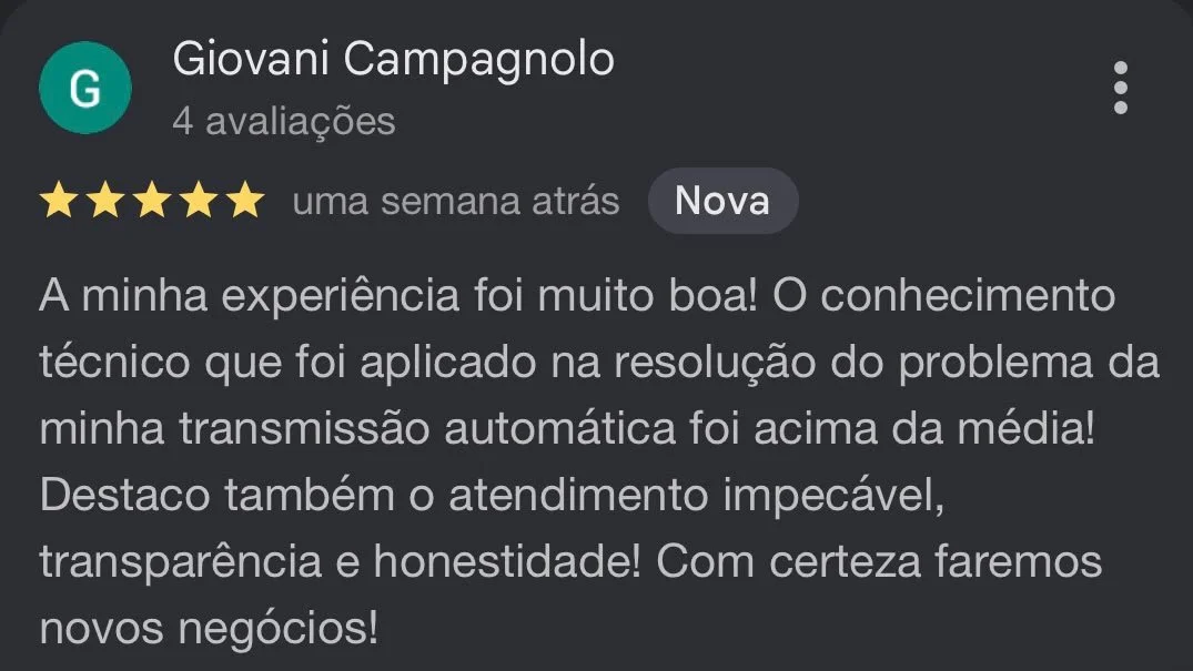 Screenshot of a Google review written in Portuguese praising excellent service and effective technical solutions.