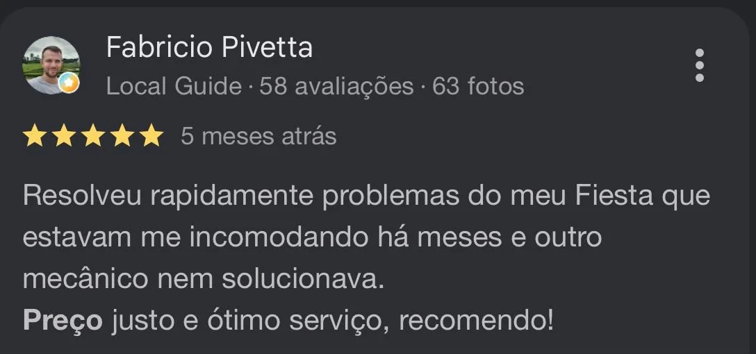Screenshot of a Google review from Fabricio Pivetta praising a service. The review is 5 stars and mentions resolving problems with a Fiesta car, no longer being inconvenienced for months, and recommending the service for its price and quality.