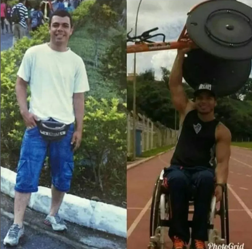 Comparison photo showing a man in casual summer attire on the left and a man in sports gear in a wheelchair lifting a barbell on the right.