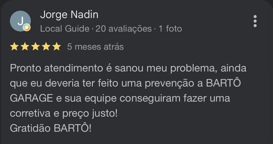 Customer review praising Bartô Garage for good service and fair pricing.