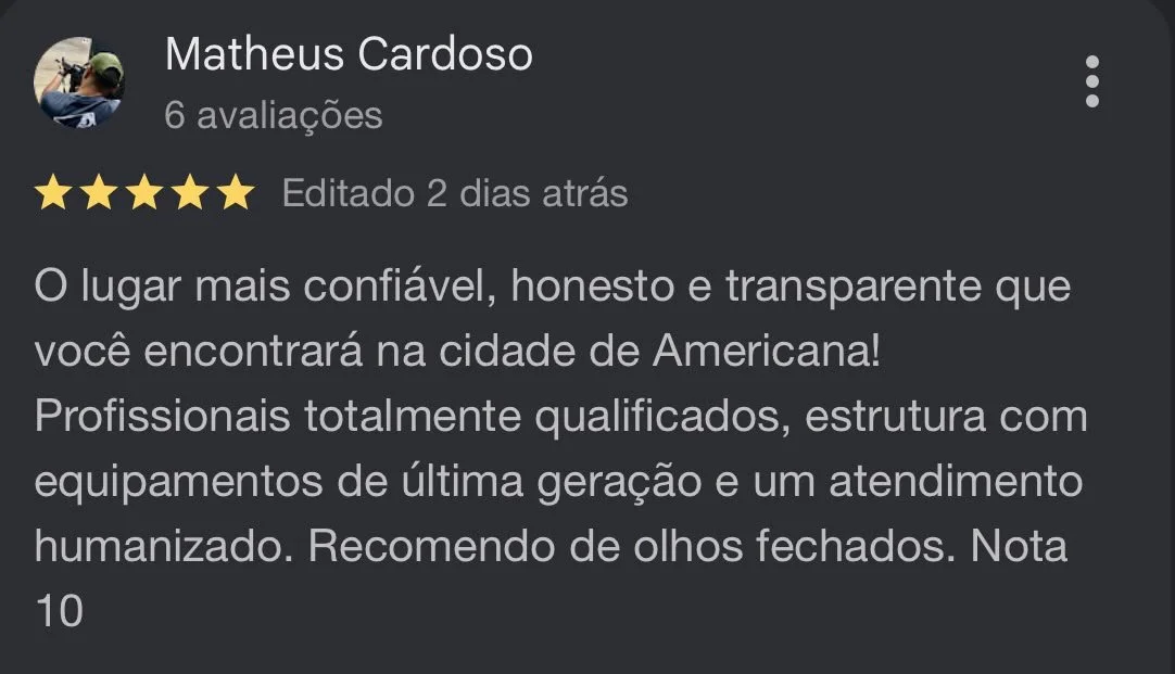 Screenshot of a review by Matheus Cardoso praising a business as trustworthy, honest, transparent, well-equipped, and providing humanized service, with a 5-star rating.