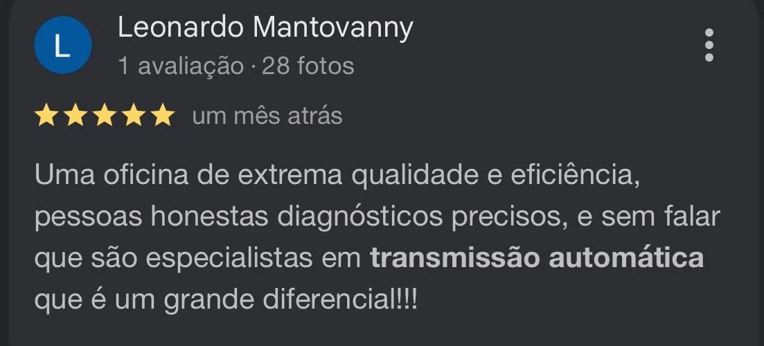 Review by Leonardo Mantovanny praising an auto repair shop for quality service, honest diagnostics, and automatic transmission expertise, with a five-star rating.
