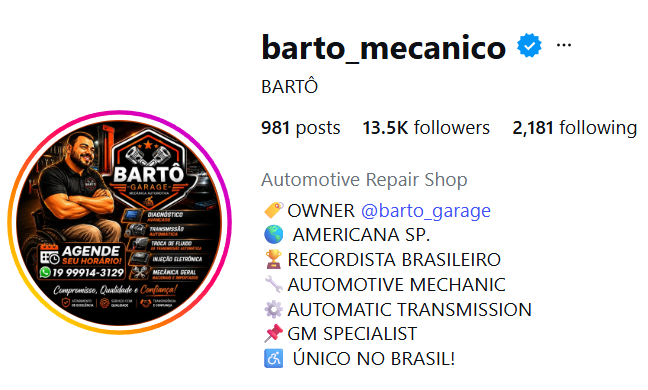 Instagram profile of Barto Mecânico, an automotive repair shop in Brazil, featuring a logo with a mechanic, tools, and contact information.