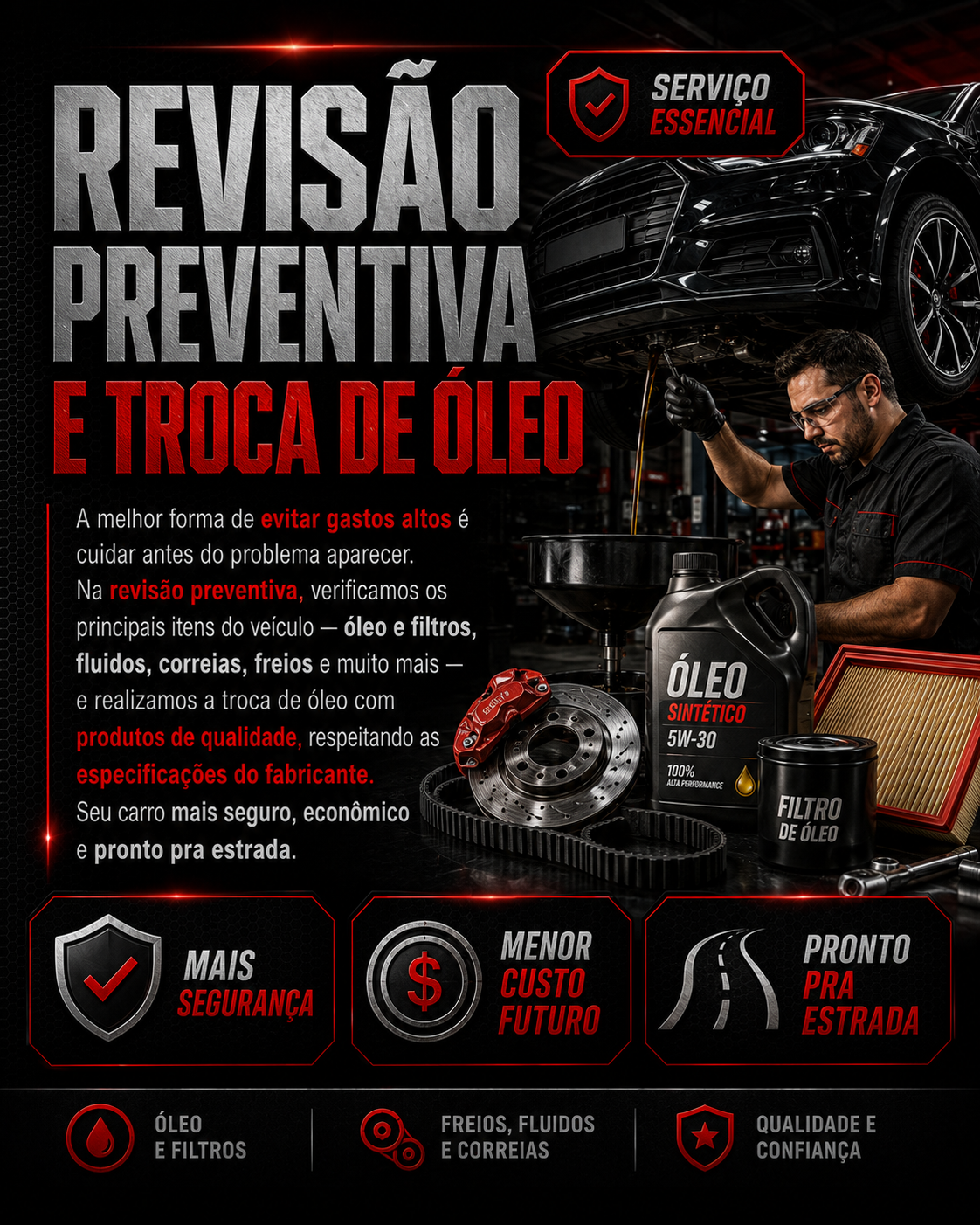 A promotional poster for preventive car maintenance, highlighting oil change services including oil and filters, fluids, belts, and brakes. The poster features a mechanic working on a car, with images of oil, filters, and tools, emphasizing safety, cost savings, and readiness for the road.