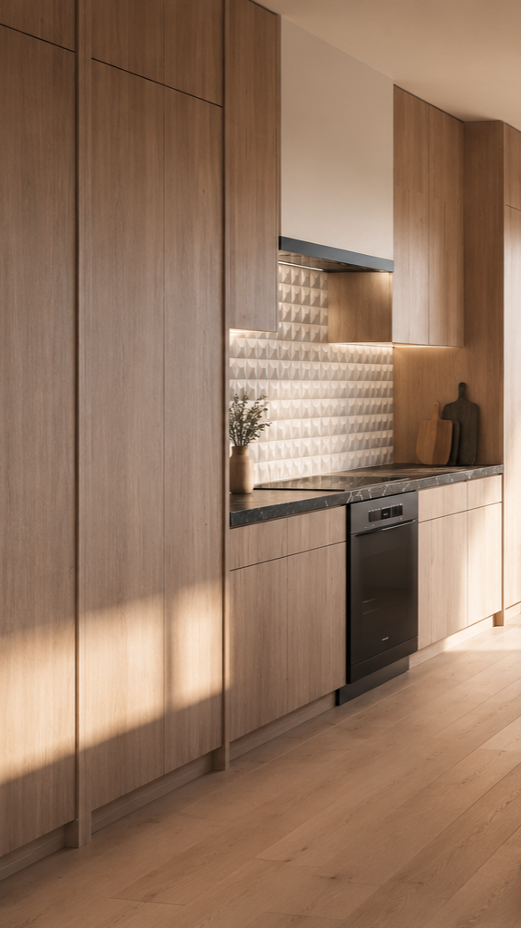 Modern kitchen with wooden cabinets, a black dishwasher, and decorative vases on the countertop.