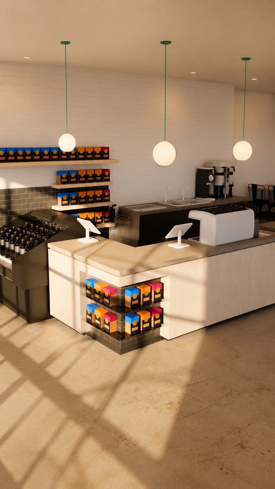 Modern coffee shop counter with coffee machine and colorful shelves, illuminated by three spherical pendant lights.