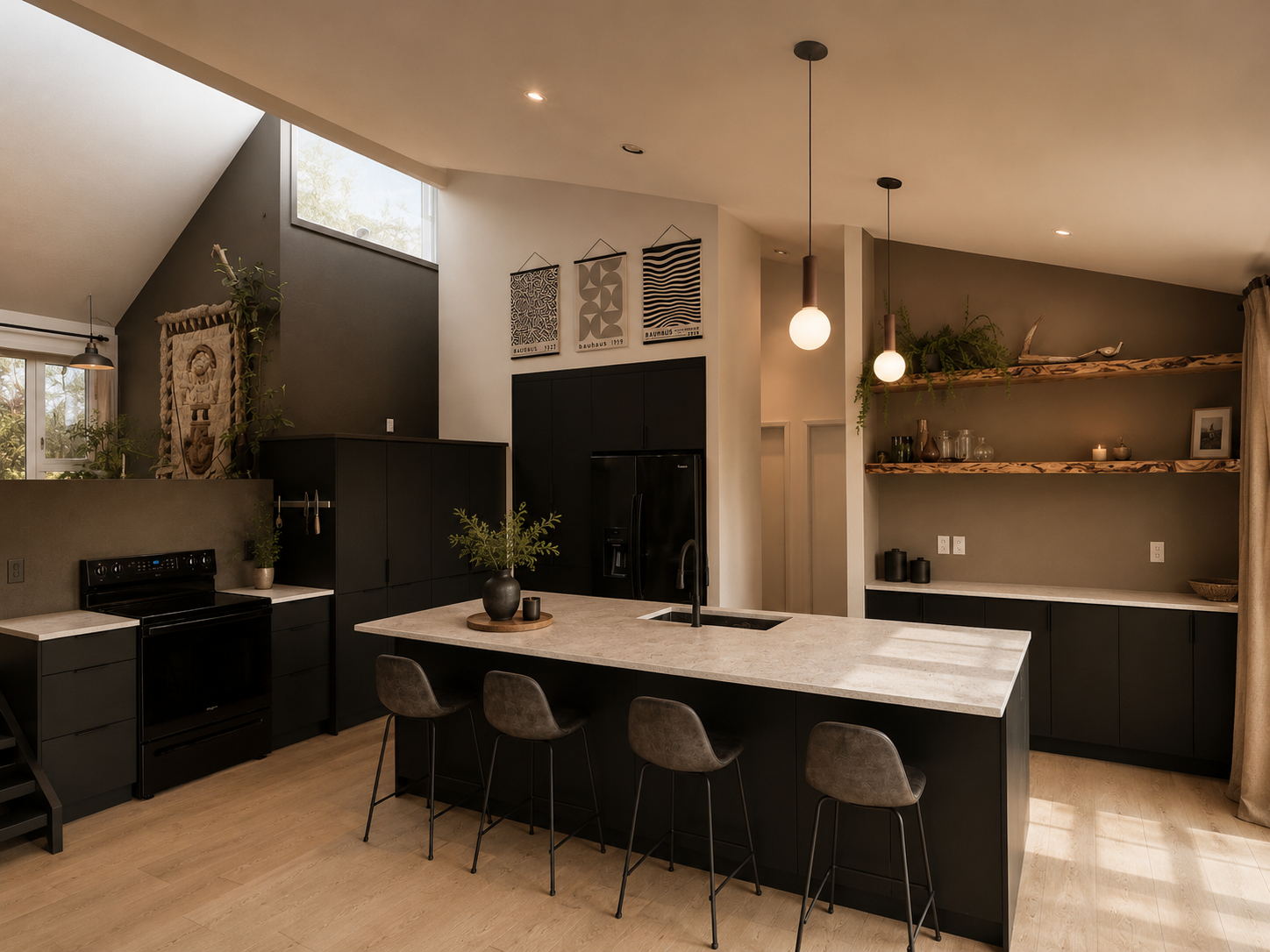 Modern kitchen with black cabinets, a large island with a light-colored countertop, and pendant lighting. Open shelving with decorative items, a black refrigerator, and a staircase.
