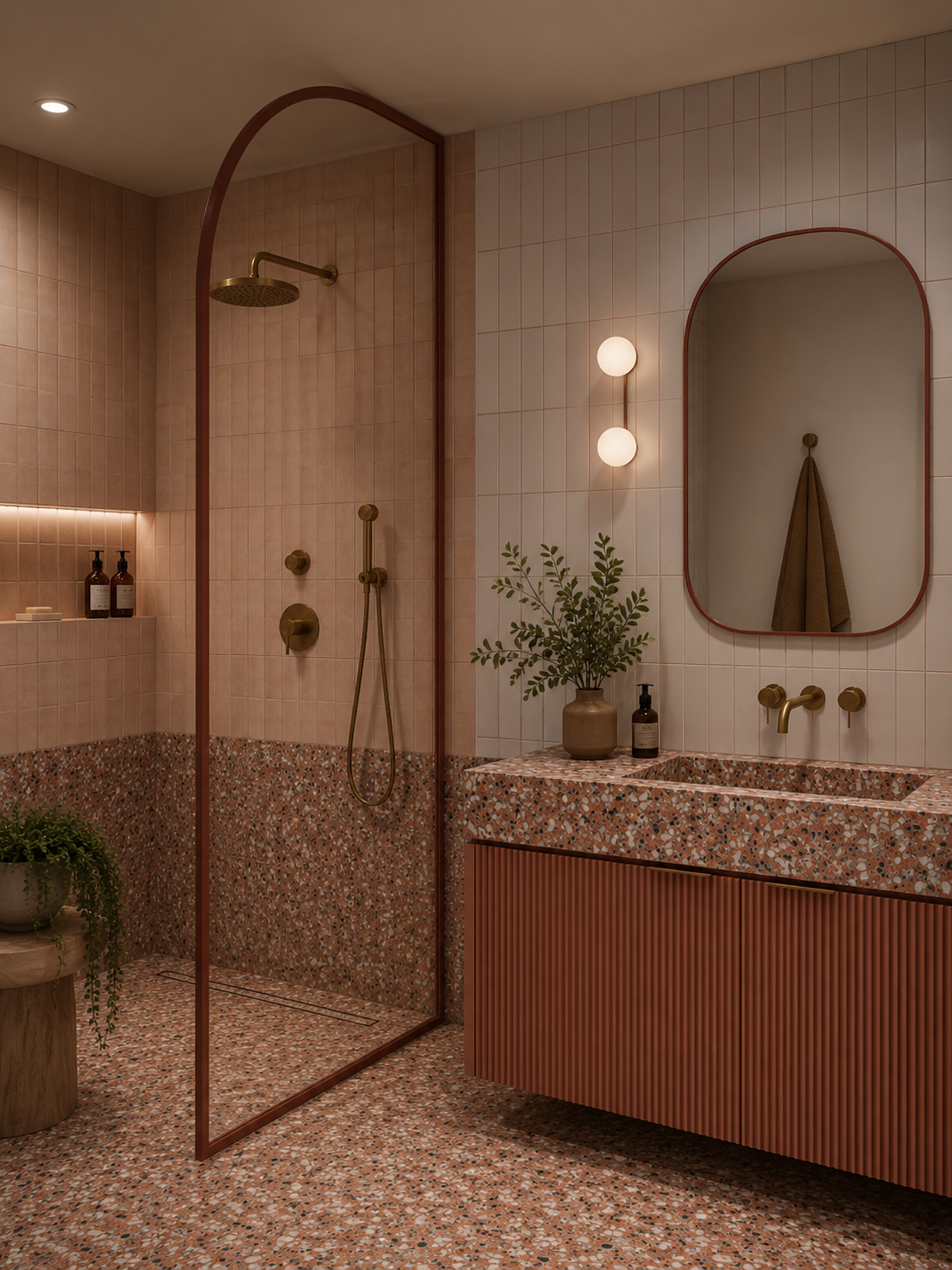 Modern bathroom with a walk-in shower, pink tiling, terrazzo flooring, brass fixtures, a terra-cotta fluted vanity with a mirror, and decorative plants.