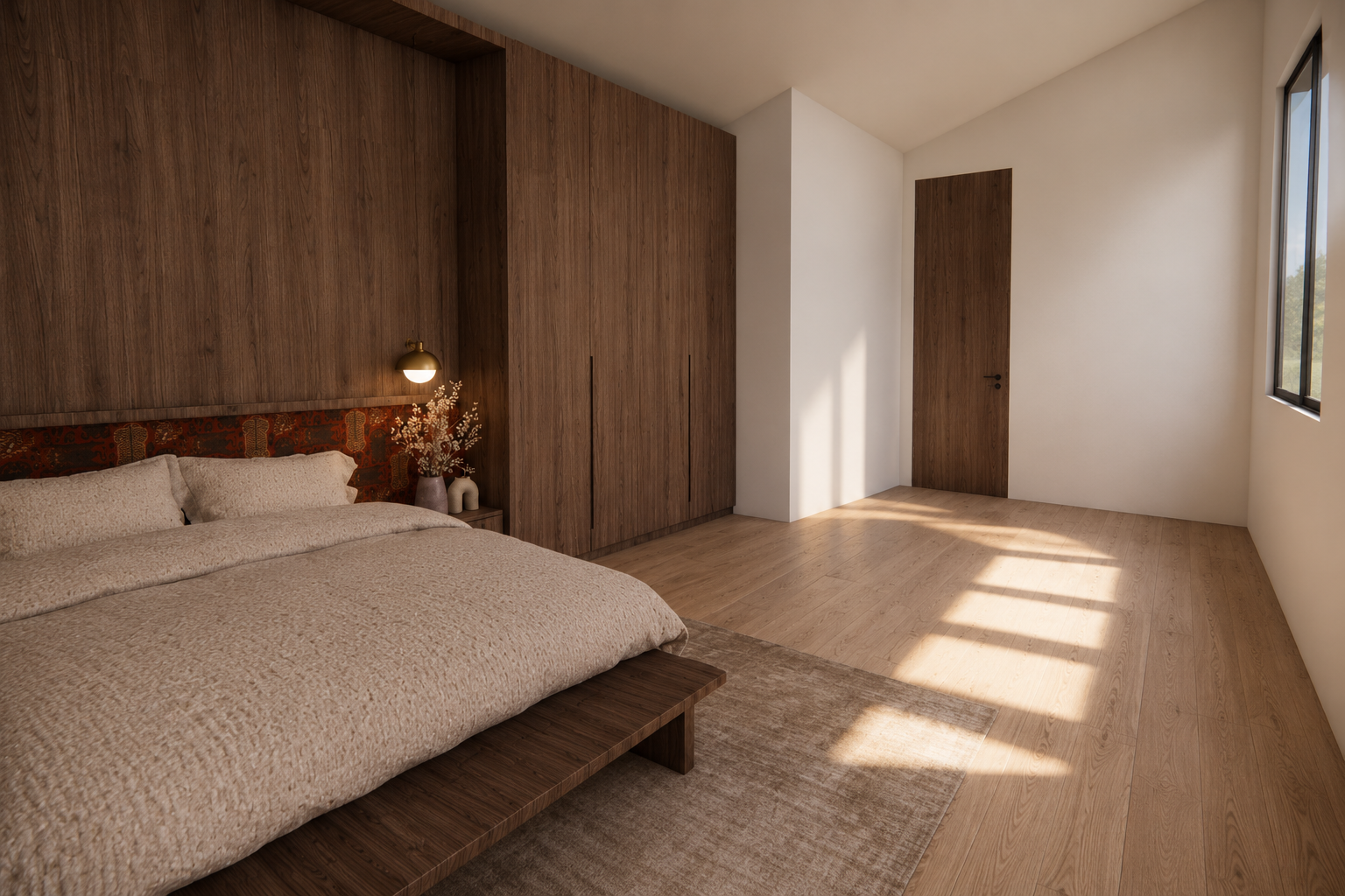 A minimalist bedroom with a large bed, neutral bedding, wooden walls, a bedside table with vases and flowers, a built-in wardrobe, and natural light from a window