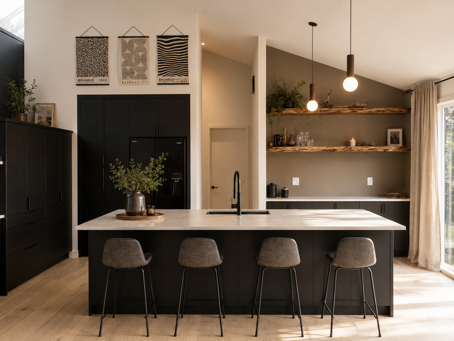 Modern kitchen with black cabinets, a large island with a beige countertop, gray bar stools, open wooden shelves with decor, and a sliding glass door with curtains.