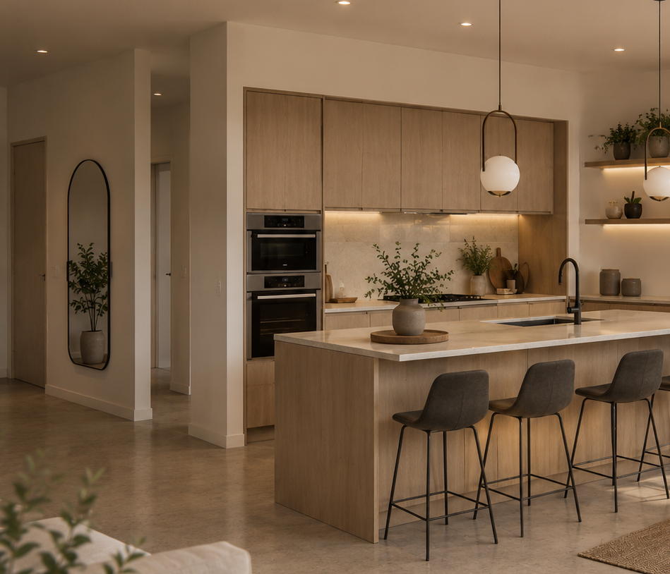 Modern kitchen with light wood cabinets, marble island counter, black faucet, gray bar stools, built-in oven, and open shelving with decorative plants