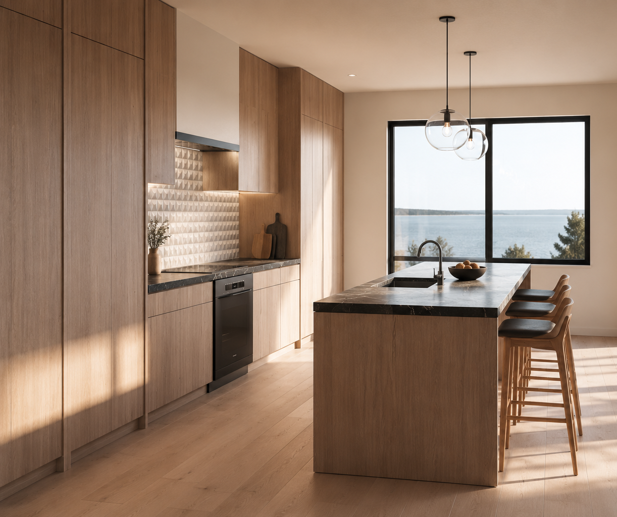 Modern kitchen with wooden cabinets, black countertop, island with bar stools, large window overlooking water, and hanging pendant lights.