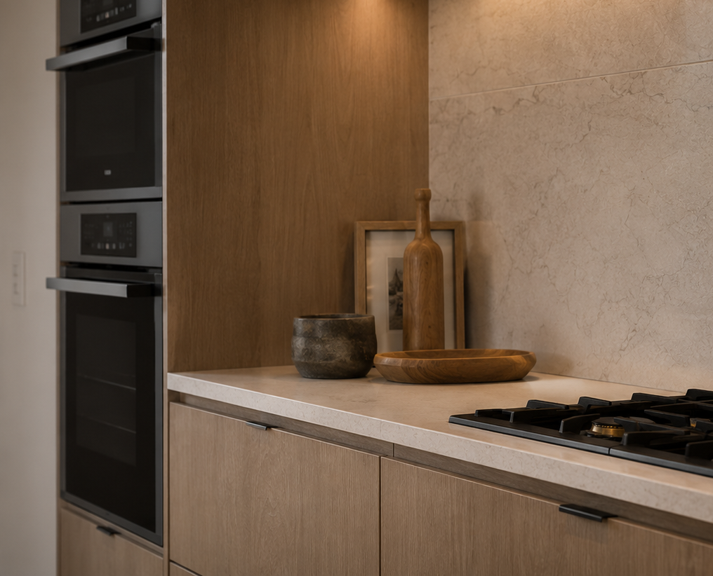 Kitchen counter with wooden decorative items including a bottle, a bowl, a wooden tray, and a framed photograph, next to a built-in oven and stovetop.