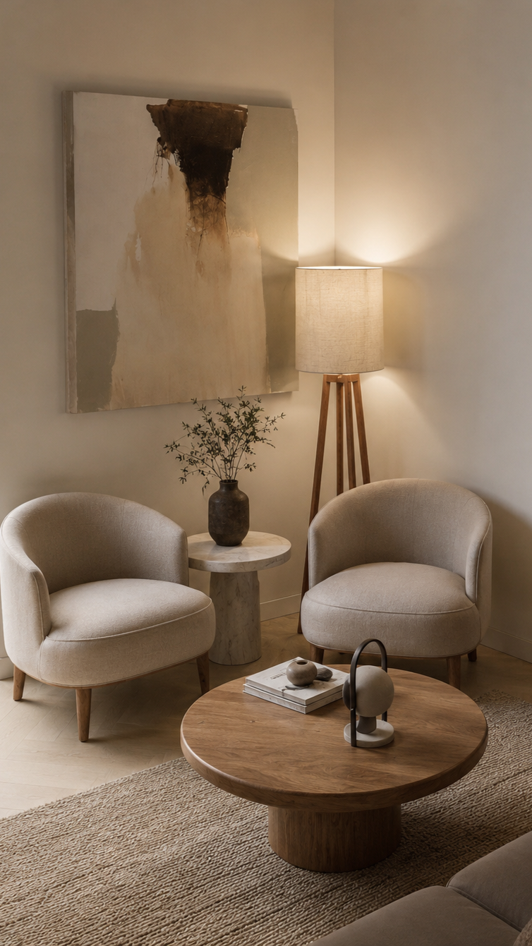 Cozy living room corner with two beige armchairs, a round wooden coffee table with decorative objects, a marble side table with a vase and plant, and a tripod floor lamp next to an abstract painting on the wall.