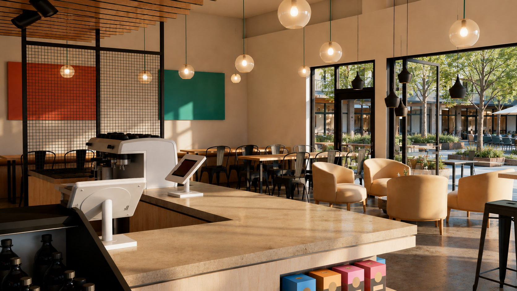 Interior of a modern coffee shop with counter, espresso machine, and seating area with wooden tables, black chairs, beige armchairs, and large windows showing an outside patio with tables, chairs, and trees.