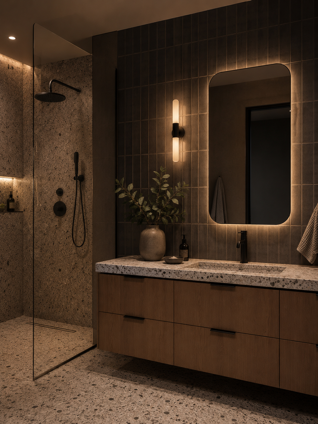 Modern bathroom with dark tiled walls, a terrazzo countertop vanity, a large mirror with backlighting, a potted plant, a black faucet, and a walk-in shower with terrazzo flooring and black fixtures.
